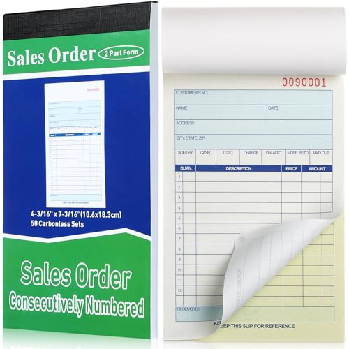 Lincia 1 Pads Sales Order Books 2 Part Carbonless (White/Canary Yellow) Receipt with Carbon Copies Cover Receipt Form Invoice 50 Sets Per Book (4.18 x 7.2 Inch/ 10.6 x 18.3 Cm)