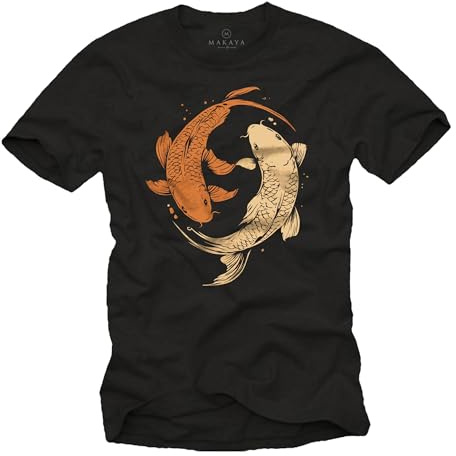 MAKAYA Herren T-Shirt Yin Yang Design Koi Fische Yoga Print Angler Motiv Geschenke Männer Schwarz XL