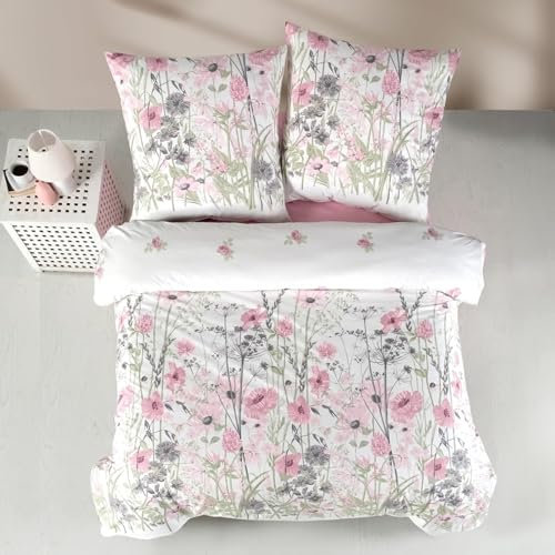 ZIRVEHOME Bettwäsche Set vierteilig, Zwei 135x200 Bettbezüge, Baumwolle, Blumen Muster, Rosa, Angola