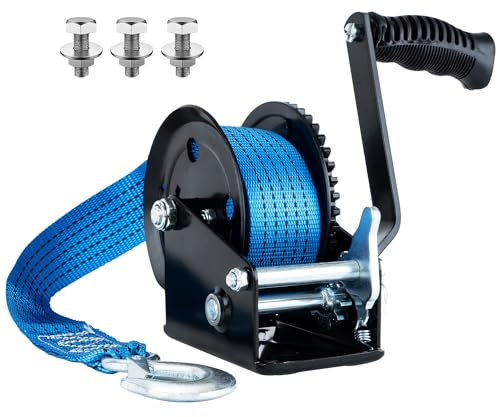 AC-DK Treuil robuste de 907,2 kg avec sangle de 8,9 m, cliquet bidirectionnel et treuil de remorque à engrenage 4:1, treuil portable à manivelle pour bateau, camion, remorque, camping-car, VTT, jet
