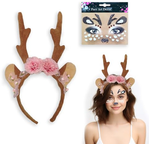 YongSral Rentier Haarreif, Reh Geweih Haarreif Damen mit Gesichtsaufkleber, Stirnband, Weihnachten, Elchgeweih, Hirschgeweih Kaarreif für Kinder Erwachsene
