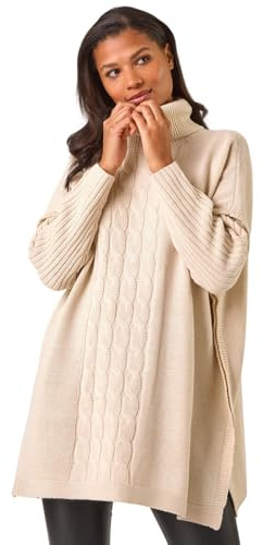 Roman Originals Cable Knit Roll Neck Poncho Jumper for Women UK - Ladies Everyday Autumn Winter Comfy Soft Evening Vacation Work Party Night Out - Beige - Size SM