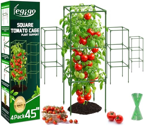 Legigo 4 Stück Tomaten Rankhilfe 115 cm, Stabiler Viereckiger Tomatenkäfig | Verstellbare Pflanzenstützen aus Beschichtetem Stahl für Gurken und Klettergemüse im Garten, in Töpfen und Hochbeeten