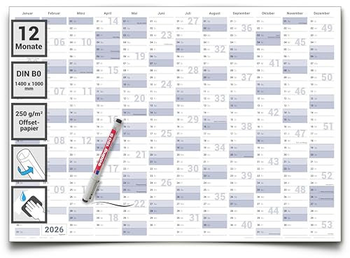 Gigatime Abwischbarer XXL Jahresplaner Wandkalender 2026. Wandplaner gerollt 140x100cm gross DIN B0 inklusive 1 Marker. Jahreskalender 2026, Kalender - deutsche Sprache - von Gigatime