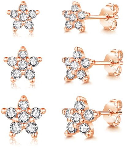 Cangall Silver Stud Earrings for Women Girls, 3 Pairs 925 Sterling Silver Flower Stud Earrings Set Rose Gold with 5A Zircon, Dainty CZ Small Hypoallergenic Cartilage Sleeper Studs for Christmas Gifts
