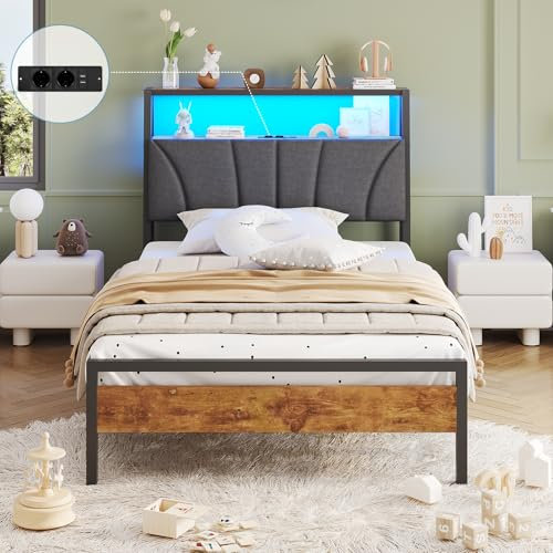 Brinlawb Bett 90x190 mit Lattenrost aus Metall, Bettgestell 90x190 cm mit LED Beleuchtung, Jugendbett 90x190 mit Kopfteil und Ladestation(2 AC-Steckdosen,2 USB-Anschlüsse) Modern Metallbett einzelbett