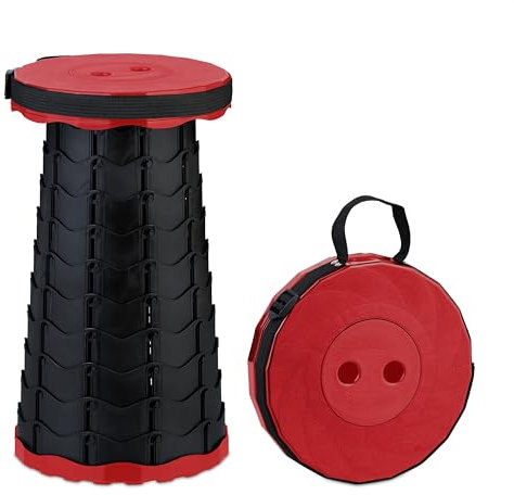 Relaxdays Teleskophocker, faltbar, Tragegurt, Outdoor, höhenverstellbarer Campinghocker, HBT 44,5x25x25 cm, rot/schwarz