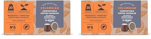 By Amazon Capsules de café compostables compatibles avec Nespresso, 100% Arabica Colombien, 20 capsules (Lot de 2)