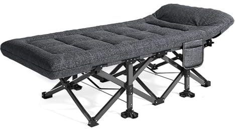 Tragbares Campingbett für Erwachsene mit Kissen und seitlicher Aufbewahrungstasche, Klappbett mit Matratze für Zuhause, Büro, Nickerchen, leichtes und bequemes Campingbett