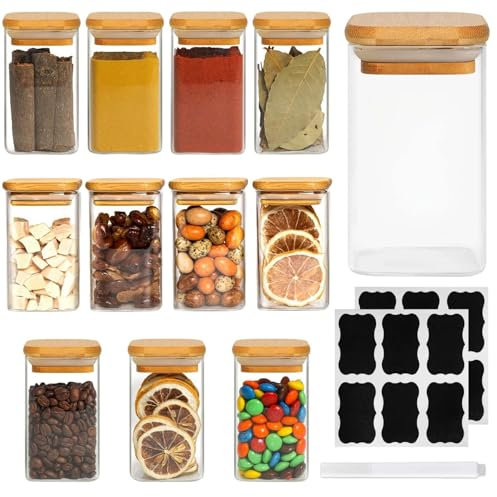 Glass Jars with Bamboo Lids 12 Pack, 250ml/8oz Square Glass Storage Jars, Kitchen Airtight Glass Spice Jars with Lids, Glass Container for Spice, Salt, Sugar, Seeds, Nuts, Tea etc