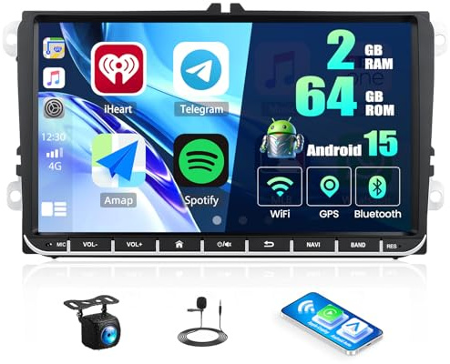 Zomolither Android 15 2+64G Car Stereo for VW Golf 5 Golf 6 Seat Skoda Passat Jetta Polo Car Radio CarPlay Android Auto 9'' Double Din Car Stereo Bluetooth GPS Sat Nav FM RDS DSP WiFi+Rear Camera+MIC