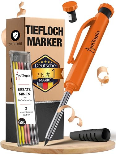 Tieflochmarker Bleistift Profi– Markierstifte Baustelle inkl. Köcher + 6 Ersatz minen + Spitzer, Perfekt als Bohrlochmarker & Baustellen oder Handwerker Bleistift, Robuster Zimmermannsbleistift Orange
