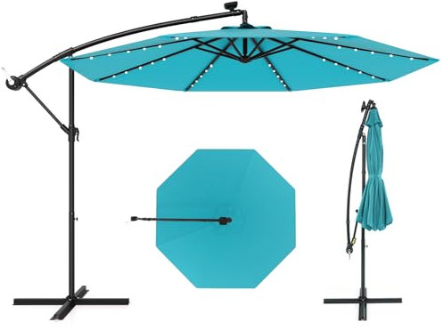 COSTWAY Parasol Déporté 3M Hexagonale, avec 40 LED Solaire, Inclinable, 8 Baleines en Métal, Base Croisée, Parasol à Manivelle pour Jardin Extérieur, Terrasse, Bord de Piscine (Turquoise)