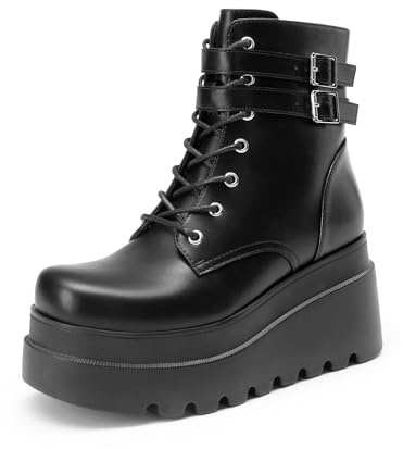 DREAM PAIRS Women Platform Combat Ankle Boots Goth Chunky High Heel Lace Up Motorcycle Booties,Size 9,Black-Pu,DWUMAB2519