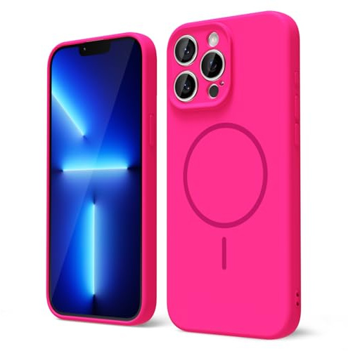 oakxco for iPhone 13 Pro Max Case Silicone Mag Safe, Magnetic Slim Thin Phone Case Compatible with Magsafe, Women Girls Cute Girly Bright Fluorescent Rubber Safecase with Camera Cover, Neon Hot Pink