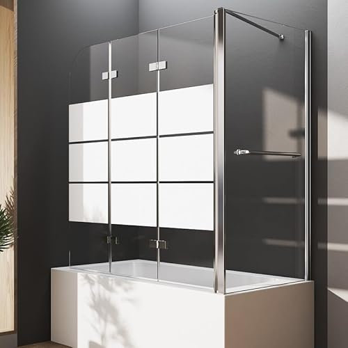 Duschwand für Badewannen mit Seitenwand 70 x 110 x 140 cm Duschwand für Badewannen Duschabtrennung Badewannenaufsatz 3-teilig Milchglas Streife faltbar für Wanne 6mm ESG Sicherheitsglas NANO Glas