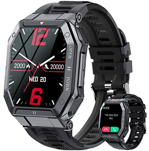 PAKRYS Montre intelligente militaire homme lampe torche 3 ATM étanche 2,02 pouces Fitness Tracker boussole 400 mAh batterie fréquence cardiaque