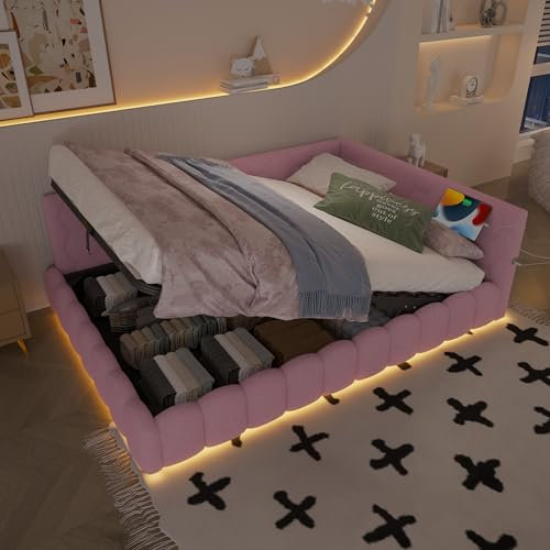 Polsterbett Schlafsofa 140x200, Doppelbett mit Hydraulischem Stauraum, mit LED-Licht und USB-Ladefunktion, Tagesbett bett mit Lattenrost, Komfortmaterial, Vliesimitat (Rosa mit Lagerung, 140x200CM)