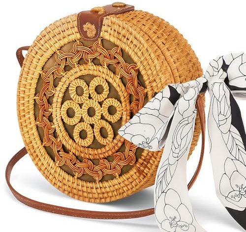 HRCOYES Cross Body Bag for Women, Handwoven Crossbody Purse, Summer Beach Straw Messenger Bag, Woven Cotton Handmade Shoulder Handbag (white) (golden)