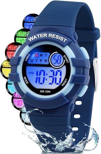 Ayybboo Orologio Digitale Bambino,7 LED Colorati,3ATM Impermeabile,Sveglia/Cronometro/Data,Orologio Sportivo da Polso per Ragazzi e Ragazze,Regalo Bambini 4-15 Anni
