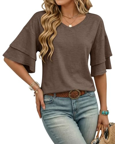 WNEEDU Ladies Tops V Neck Ruffle Short Sleeve Blouses T Shirts for Women UK