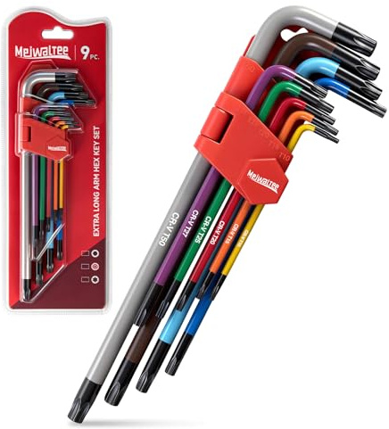 Meiwaltee 9 Stück Torxschlüssesatz, Extra Langer Arm Innensechskantschlüssel Set T10 -T50, Cr-V-Stahl, Farblich Gekennzeichnete Anti-Rutsch-Schlüssel Für Reparatur Von Fahrrad und Möbeln,DIY-Projekte.
