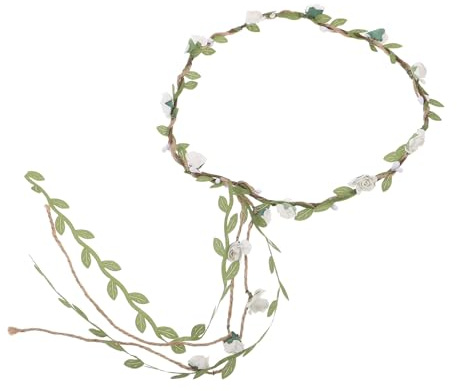 JOINPAYA Blumenkranz Damen Weiß mit Hanfseil Blättern Braut Haarschmuck mit Fließendem Band für Hochzeit Foto Requisiten Frühlingsfeiern