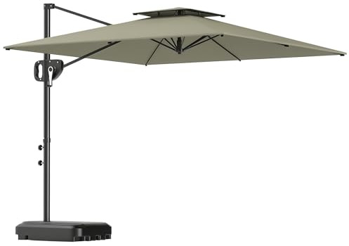 Outsunny Parasol déporté carré 2,5 x 2,5 m, parasol de jardin extérieur avec manivelle, 2 bases incluses, toile polyester 200 g/m², double toit, 8 baleines, gris clair