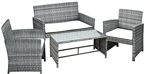 Outsunny Ensemble Salon de Jardin 4 Places : canapé, 2 fauteuils et Table Basse Plateau Verre trempé résine tressée Imitation rotin Gris Coussins Crème