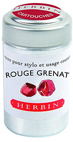 Jacques Herbin - Ref 20129T - Universal Writing Snap-In Ink Cartridges - Rouge Grenat / Garnet Red - Cylindrical Metal Pot of 6 Cartridges - Red-Coloured Ink