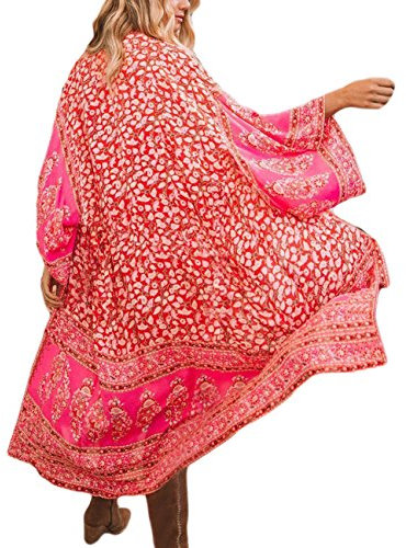 Bsubseach Red Floral Print Chiffon Kimono Cover Up 3/4 Sleeve Open Front Beach Long Cardigan Swimsuit Cover Ups for Women