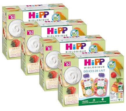 HiPP - Délices de Lait - Brassés 2 Variétés Dès 6 Mois - Gourdes - 8x90g - Lot de 4
