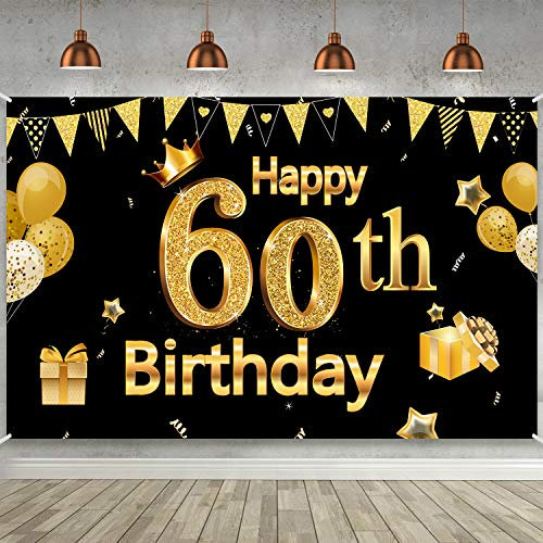 Blulu Happy 60th Birthday Banner for Men Women, 60th Party Decoration Supplies Backdrop Large Black Gold Sign Poster Photo Booth Background Decor Indoor Outdoor, 72.8 x 43.3 Inch