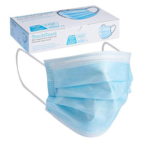 Touchguard Mascherine usa e getta di tipo IIR, a 3 strati, con elastici per le orecchie, proteggono dalla polvere, traspiranti, con stringinaso, confezione da 20