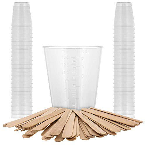 Pouring Masters 5 Ounce (150ml) Graduated Plastic Measuring Cups (50 Clear Cups & 25 Mixing Sticks) - For Acrylic Paint, Resin, Epoxy, Art, Kitchen, Cooking, Medicine, Laboratory - OZ, ML Measur
