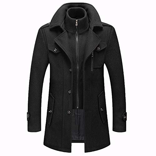 Männer Warmer Wollmantel, abnehmbare Doppelkragen Erbsen-Mäntel Casual Winter Business Slim Fit Jacke Plus Baumwollfutter Dicker Abzug im Freien Winddichte Mantel im Freien,Schwarz,XL