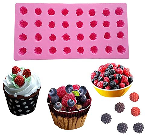 ZQWE Molde de fruta de silicona de frambuesa en 3D de morera de 32 agujeros pequeños de chocolate de fresa galletas de postre para hornear DIY moldes de arcilla epoxi