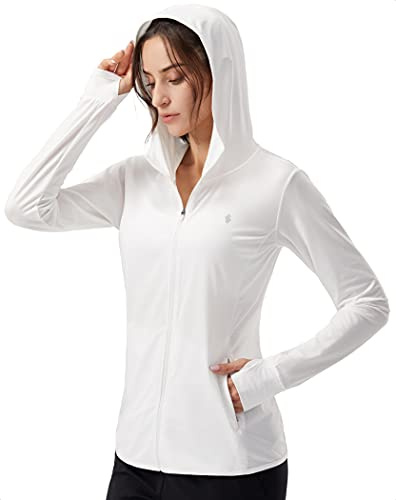 Soothfeel Women's UPF 50+ Sun Protection Hoodie Jacket Lightweight Long Sleeve Sun Shirt for Women with Pocket Hiking Outdoor B-White