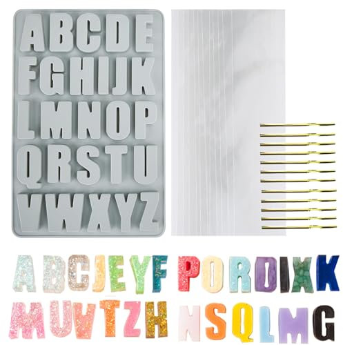 Wocuz Moule en silicone pour 26 grandes lettres de l'alphabet en résine, fait à la main, moule à savon, à biscuits, à glaçons, avec 12 ensembles de paquets cadeaux pour bricolage, nom, crayon, cadeau