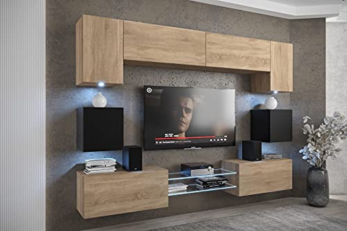 Furnitech Wohnwand Wohnzimmer - Wohnzimmer Möbel mit LED Weiß - Hängend Wohnwand Modern - Wohnzimmer Schrankwand mit Regale und TV Schrank (Nowara ANX1-17SB-M29-1A)