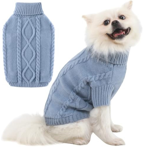 Rollkragen Hundepullover Kleine Hunde, Winter Katzenpullover Kleidung Haustiermantel Welpenpullover, Strickpullover, Zopfmuster, Warm, Weich HazeBlue XL