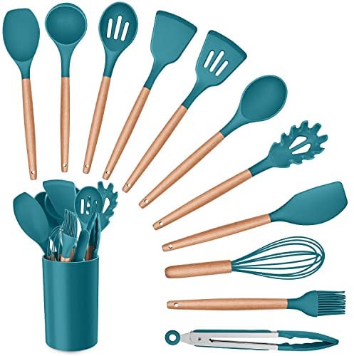 Herogo Kitchen Utensils Set, 12 Piece Silicone Utensil with Holder, Heat Resistant Cooking Utensils with Wooden Handle for Non Stick Cookware Pans, Silicone Kitchen Gadgets Tool Set (Teal Blue)