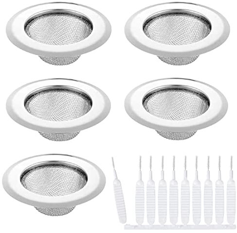 Voyyphixa 5 PCS Stainless Steel 10 Mini Cleaning Brush Bathroom Shower Hair Filter Catcher Drain Cover Kitchen Sink Plug Strainer Hole Cover 4.5 Diameter Large Sink Drain Strainer