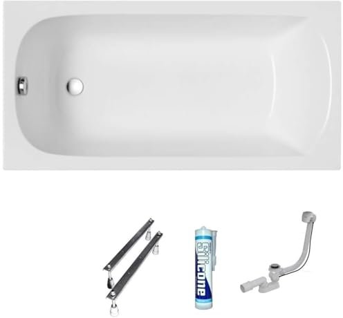 ECOLAM Baignoire rectangle acrylique blanc Classic 140x70 cm | Pieds siphon + silicone | baignoire en acrylique blanc