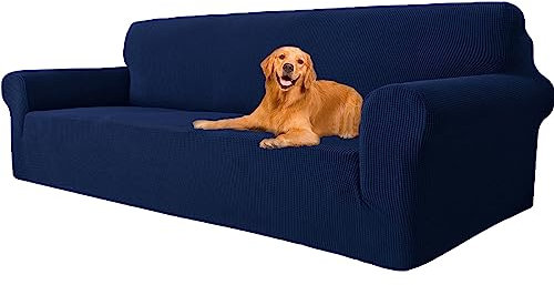 YSTELLAA Stretch Sofa überzug 4 Sitzer, Super Elastisch Sofabezug Mit Armlehnen Waschbarer, kratzfester rutschfest Sofa Cover für Hunde Katzen und Haustiere(Dunkelblau, Sofa Breite 233cm-293cm)