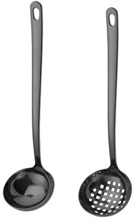 MBBITL Large Soup Ladle Skimmer Slotted Spoon Set Stainless Steel Strainer Gravy Colander Hot Pot Scoop - Black