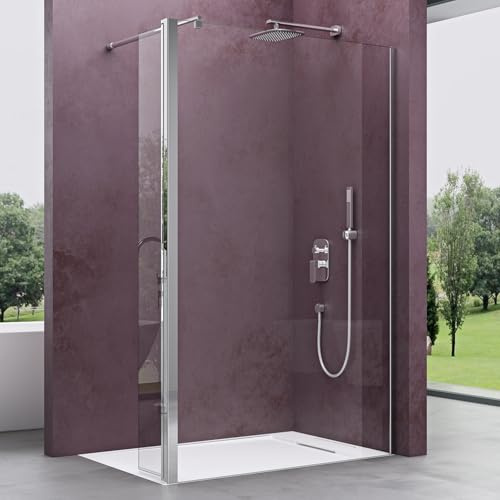 Mai & Mai Walk-In Duschwand für Dusche Duschabtrennung 140x200cm 8mm Klarglas mit 30cm Nebenteil ESG-Sicherheitsglas mit Nanobeschichtung Runder Stabilisator Bremen01K-Plus