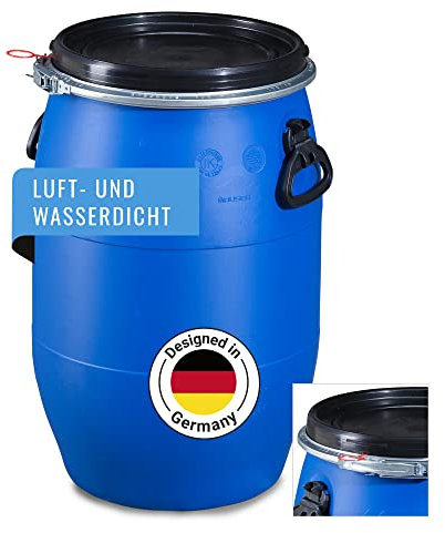 DENIOS® Weithalsfass 60L, maximal dicht, Weithalsfass mit Spannverschluss | Lebensmittelecht | Universalfass | Futtertonne | Regen Maische Tierfutter Trinkwasser Camping Lagerfass | Stapelba
