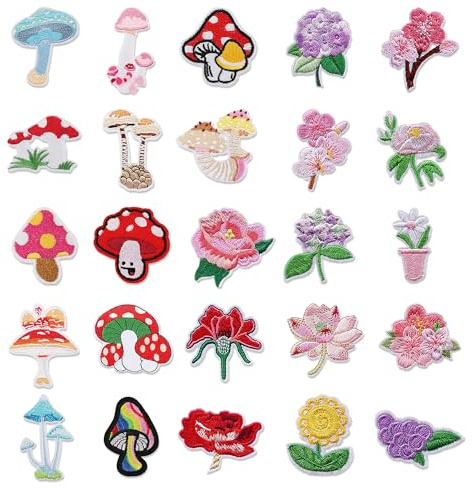 25 Pcs Flowers Mushroom Iron On Embroidered Patches, Applique Patches for Clothing Iron on Patches for Jackets Sew on Embroidered Patch Flowers Mushroom Pattern for Jeans Repair DIY Decoration