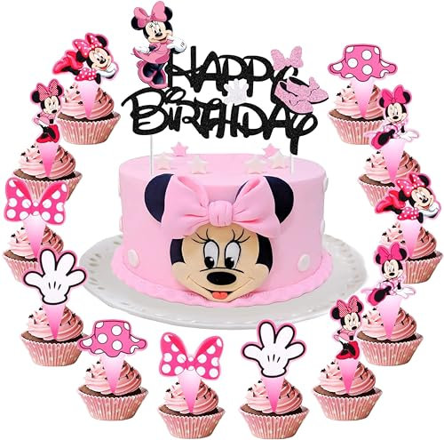 YOGARTH 25 Stück Min-ni Mous Tortendeko Mädchen, Min-ni Maus Kuchen Deko Kindergeburtstag, Cake Topper Set, Happy Birthday Topper für Mädchen Geburtstag Party Kuchen Dekoration Supplies (B)